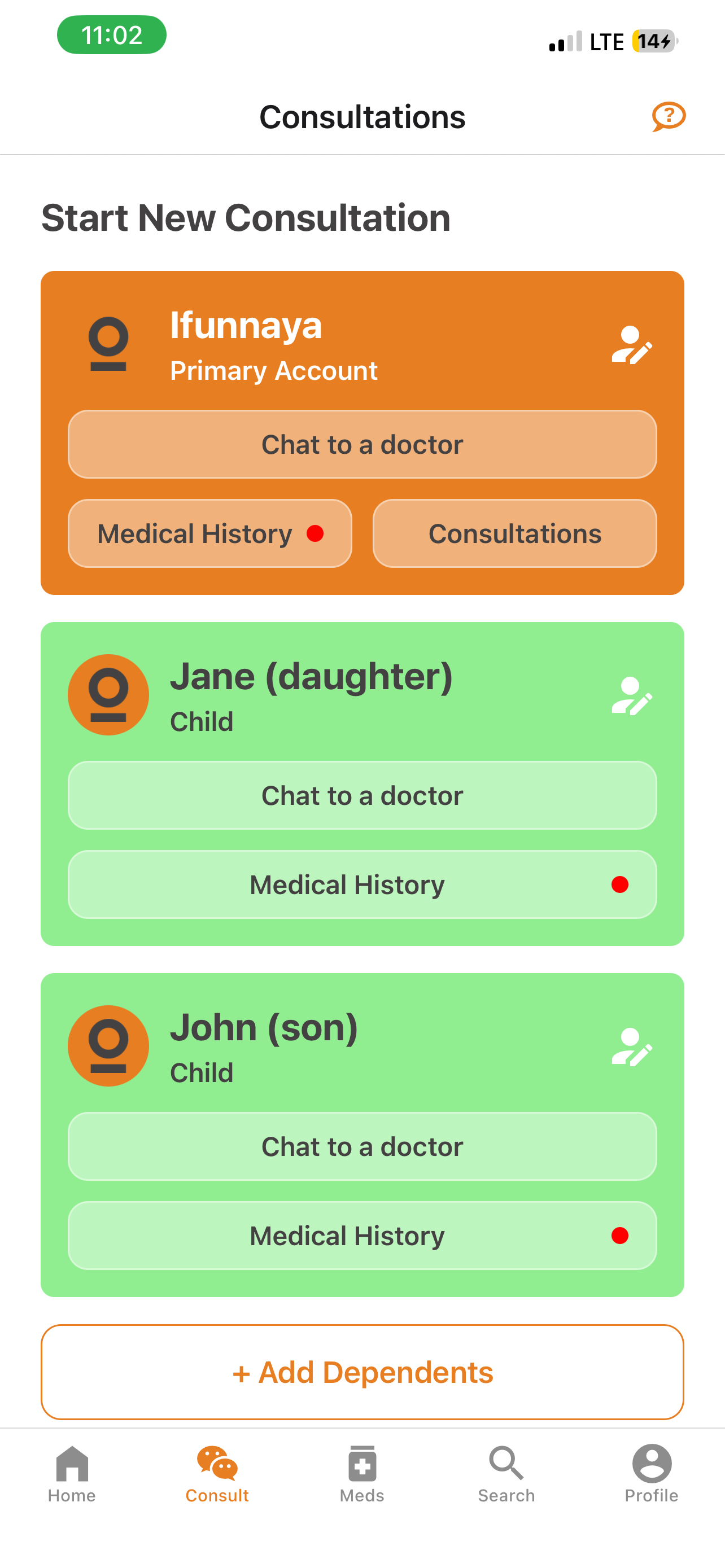 Koyo consultation screen showing a main account and two dependent accounts.