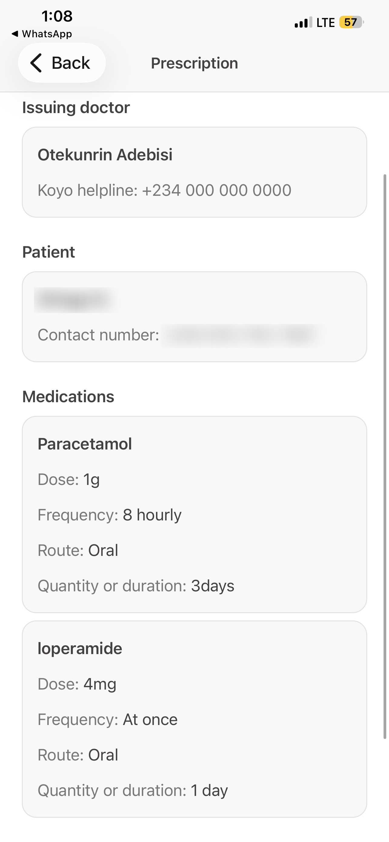 An example of a prescription displayed in the Koyo app.