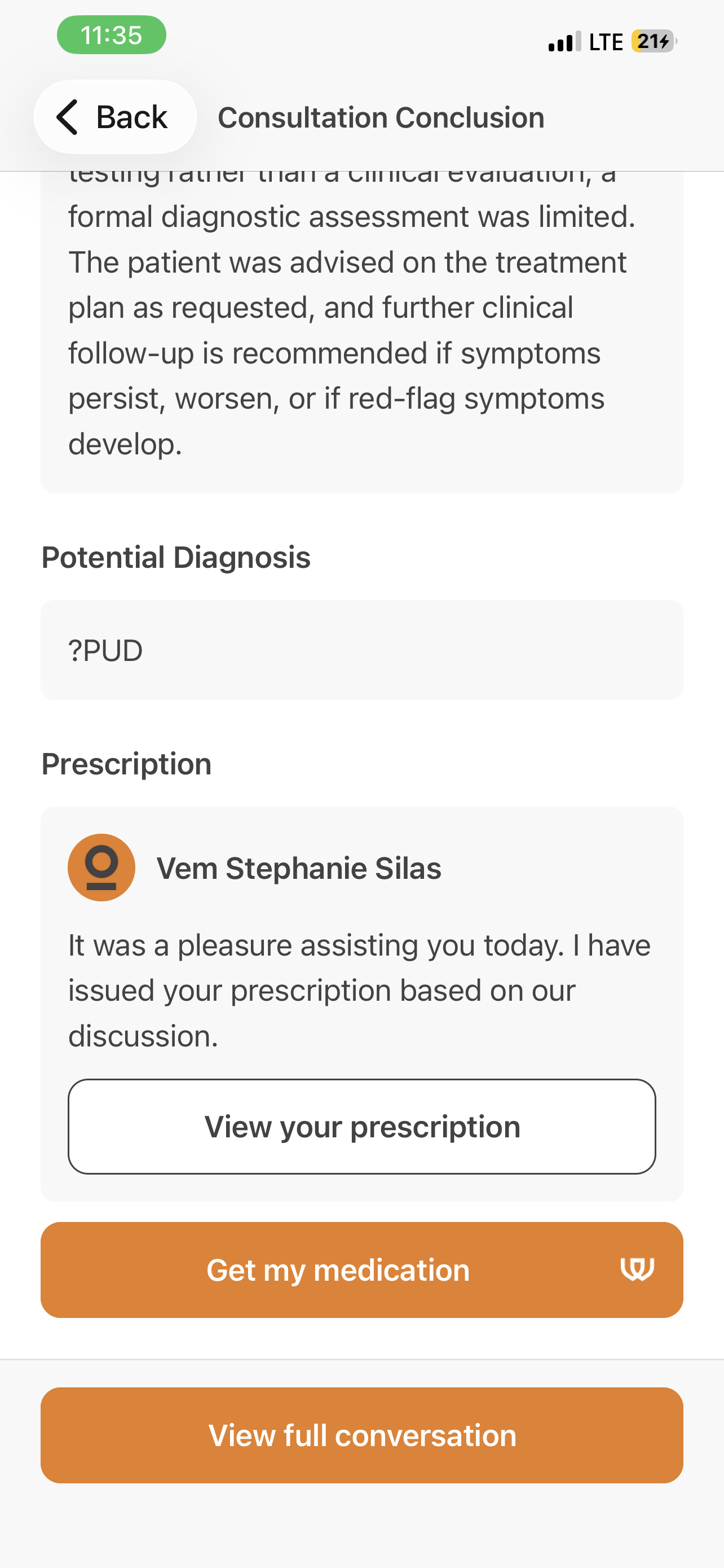 Koyo consultation conclusion with prescription and medication options.