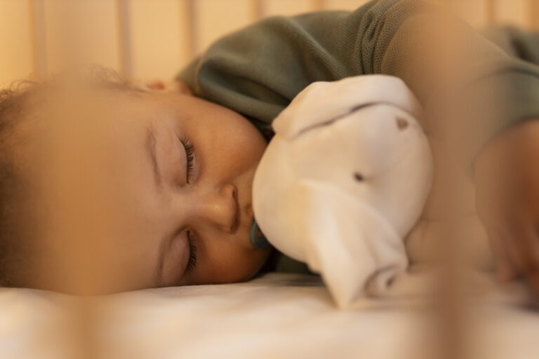 Baby sleeping peacefully, holding a stuffed animal