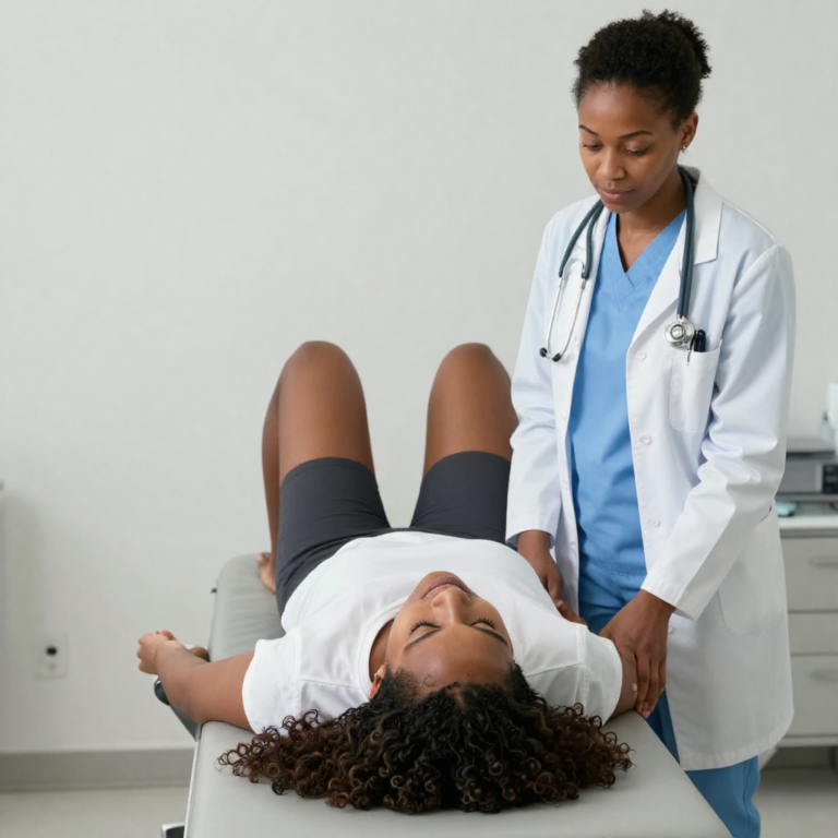 An image of a woman lying on an examination bed during a cervical cancer screening while a gynecologist stands nearby preparing for the procedure.