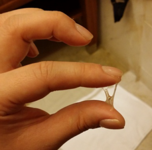 This is a close-up image of clear vaginal discharge stretched between a woman's thumb and index finger, illustrating the appearance of cervical mucus.