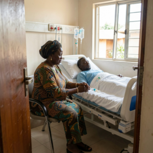 Woman sitting beside her husband as he lies in a hospital bed