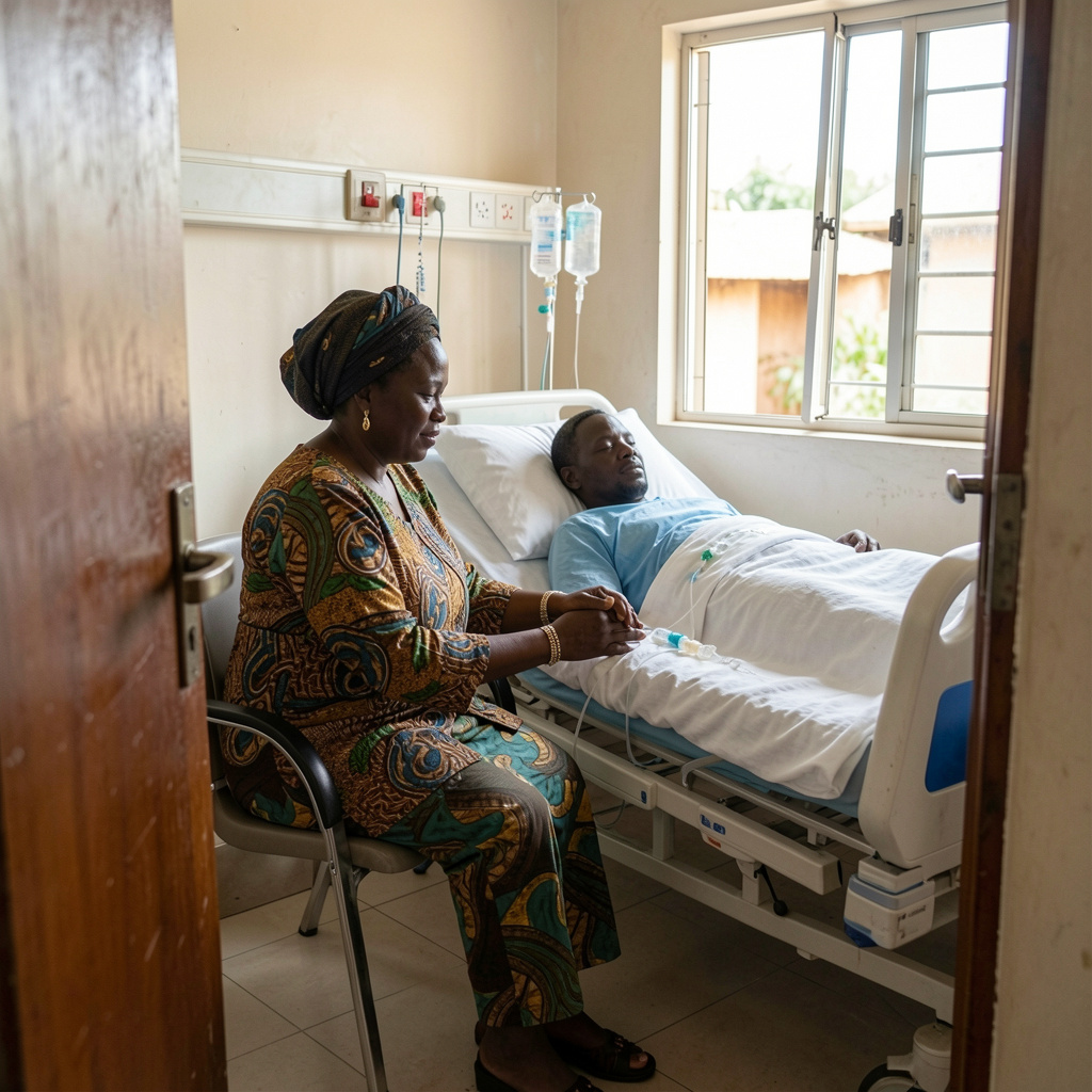 Woman sitting beside her husband as he lies in a hospital bed